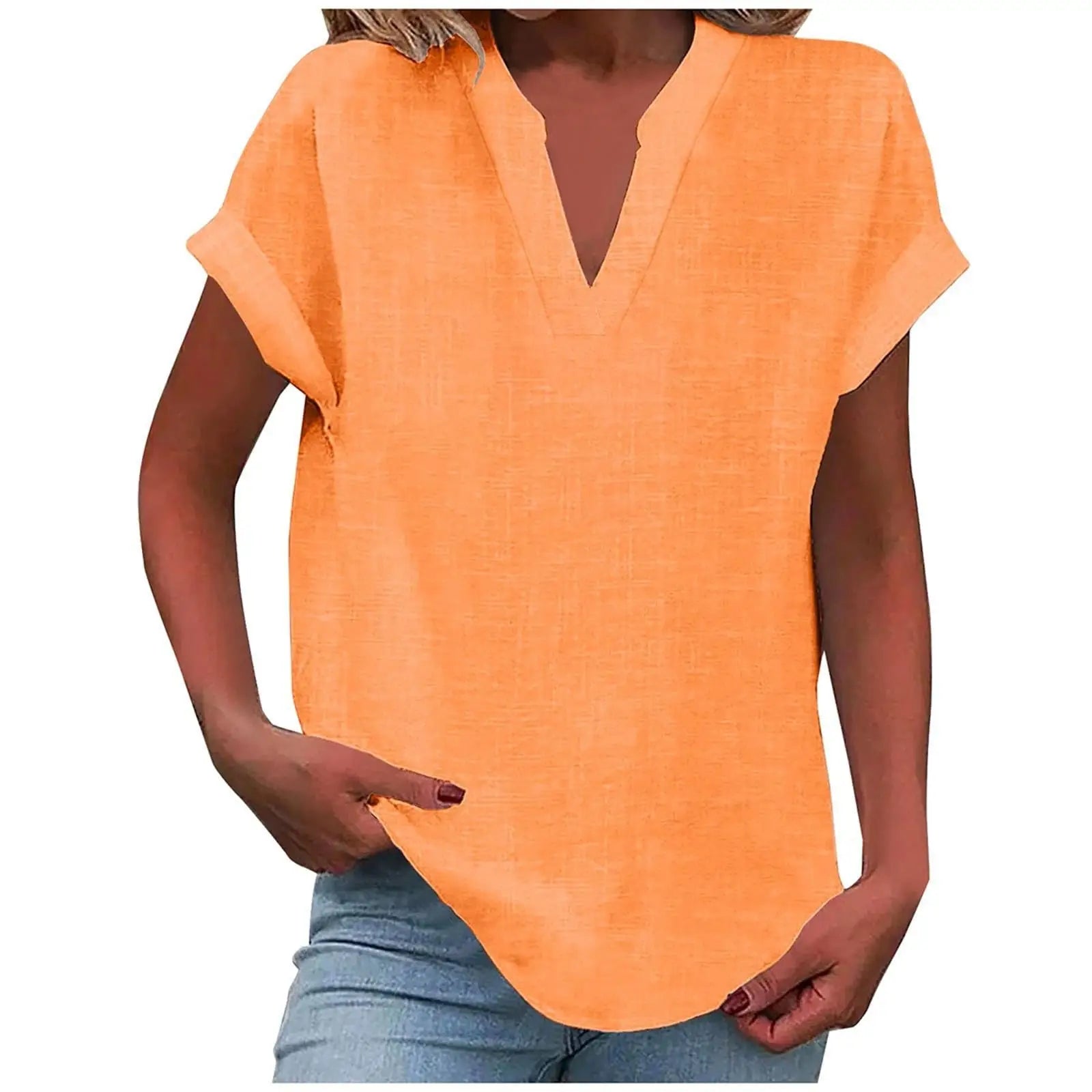 Marisette — Textured V-Neck Blouse With Relaxed Fit Short Sleeve Summer Style Orange