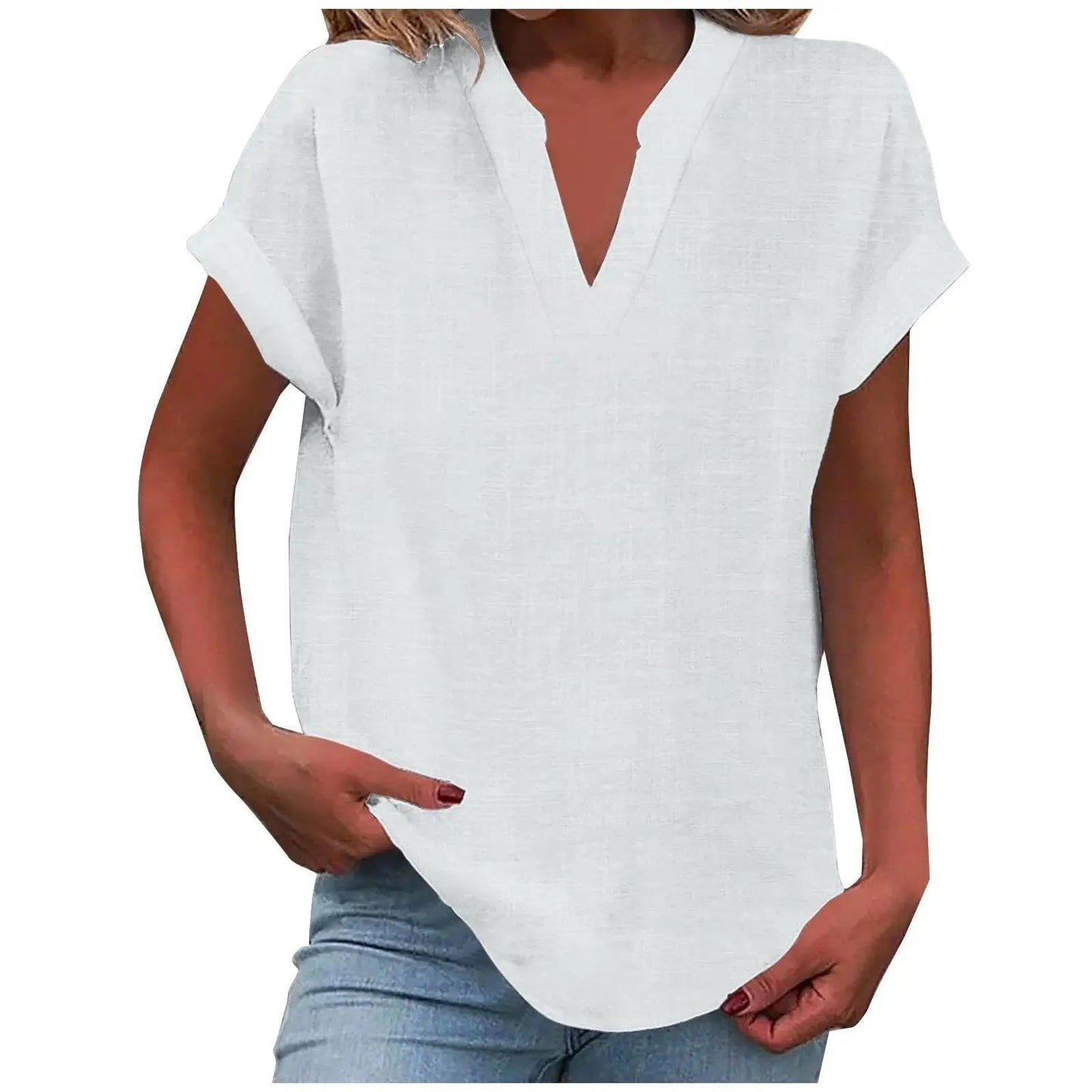 Marisette — Textured V-Neck Blouse With Relaxed Fit Short Sleeve Summer Style White