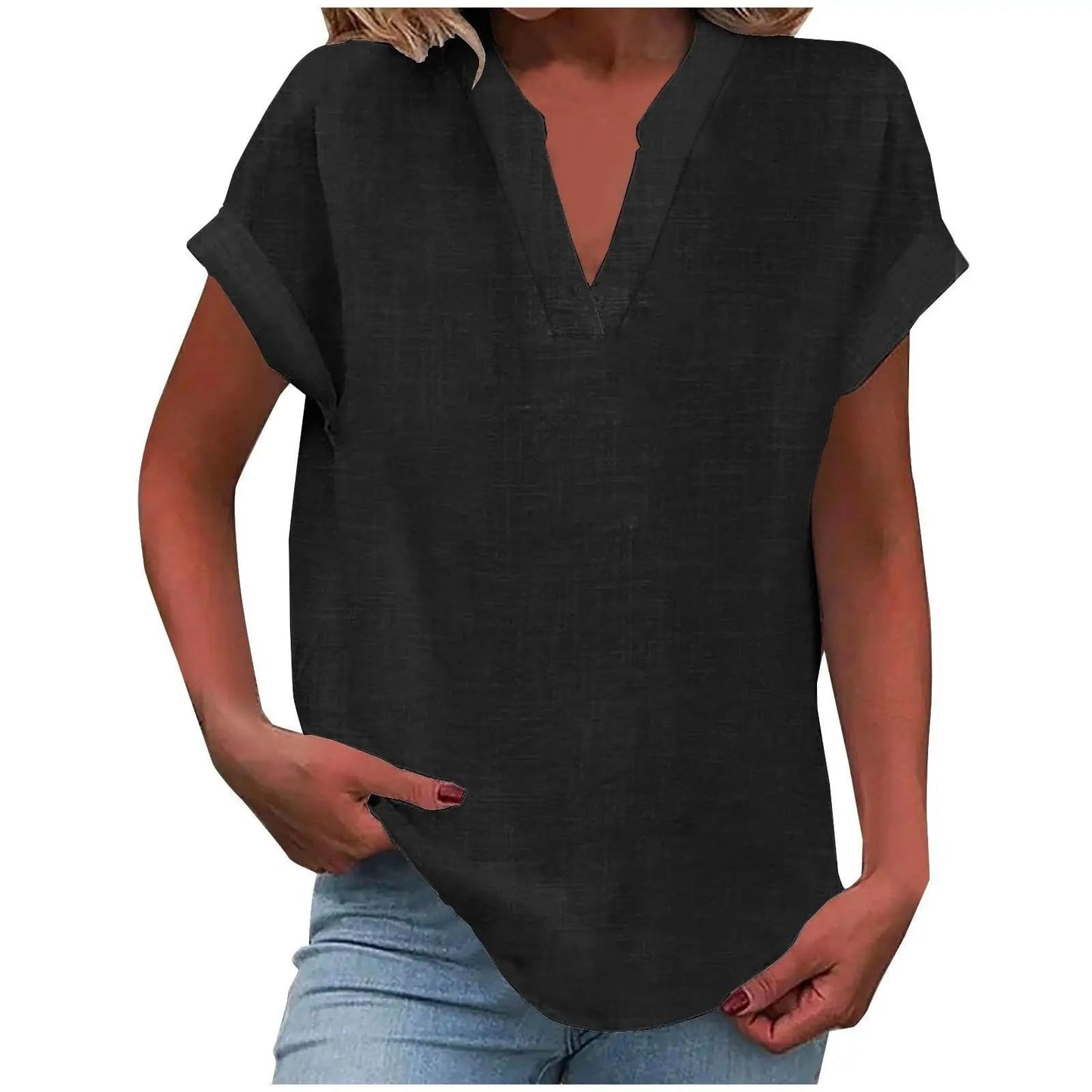 Marisette — Textured V-Neck Blouse With Relaxed Fit Short Sleeve Summer Style Black