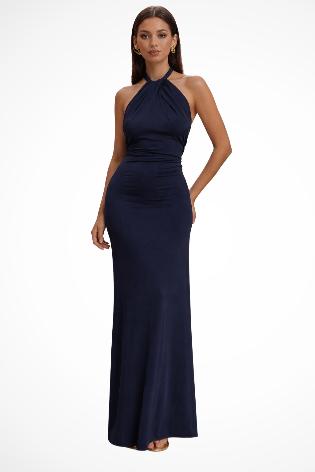 Twistedknot — Twisted Knot Open Back Maxi Dress With Sleek Bodycon Wedding Silhouette Navy Blue