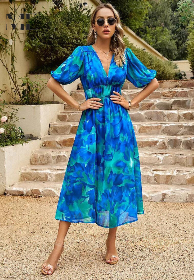Valentina — Floral Print A-Line Midi Dress With Elegant V-Neck Design Blue