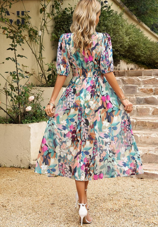 Valentina — Floral Print A-Line Midi Dress With Elegant V-Neck Design