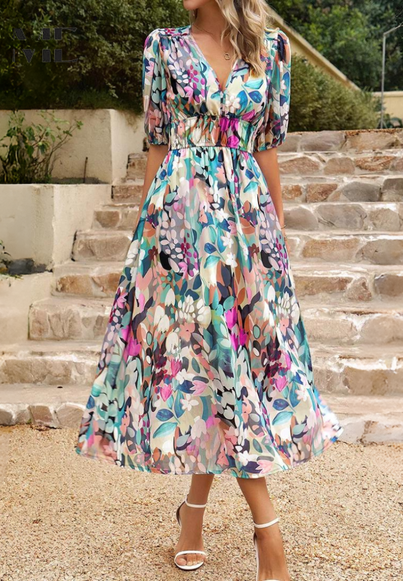 Valentina — Floral Print A-Line Midi Dress With Elegant V-Neck Design