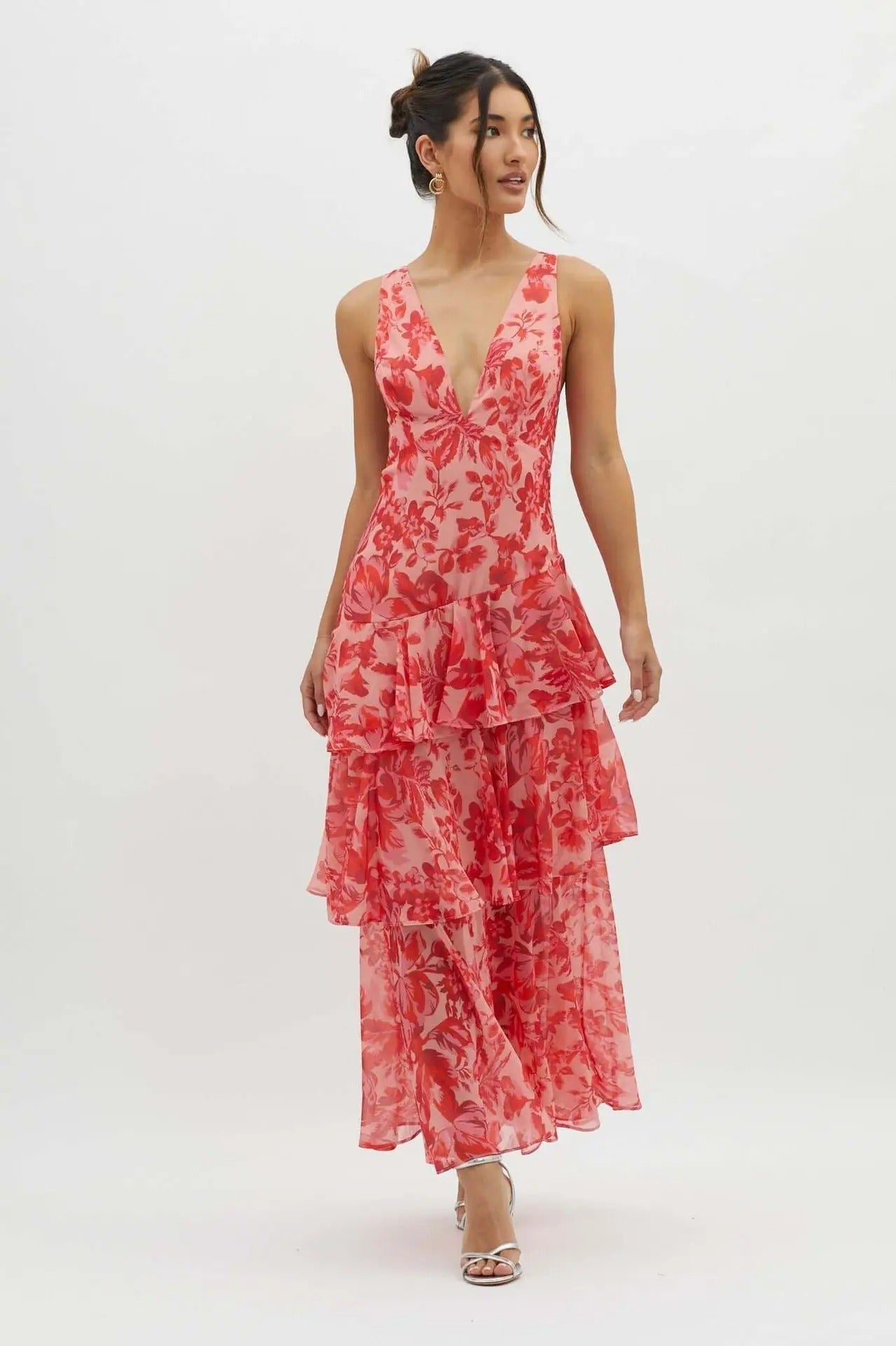 Verbena — Viscose Tiered Maxi Dress With Flowing Graceful Movement Red