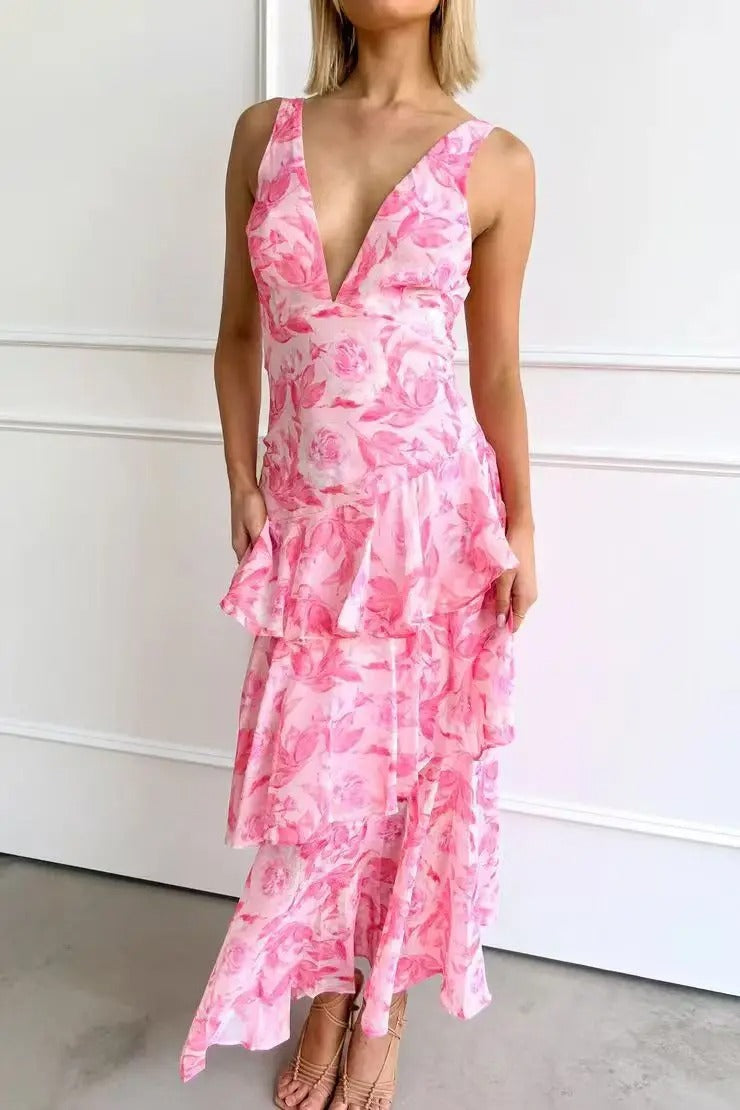 Verbena — Viscose Tiered Maxi Dress With Flowing Graceful Movement Pink