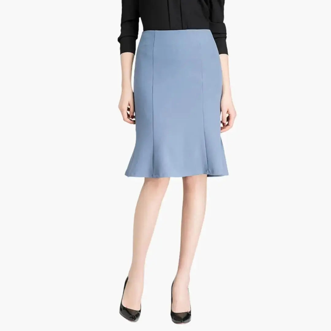Penelope — Woven A-Line Midi Skirt With Flared Elastic Waist Pull-On Office Design Blue