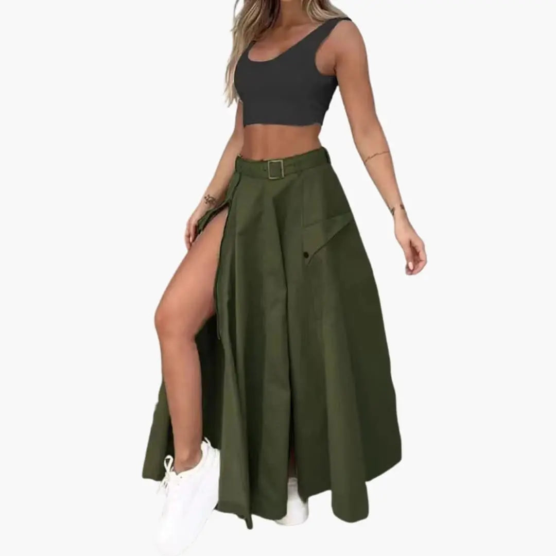 Marisia — Woven Maxi Skirt With Elegant High Slit Design And Side Pockets Green