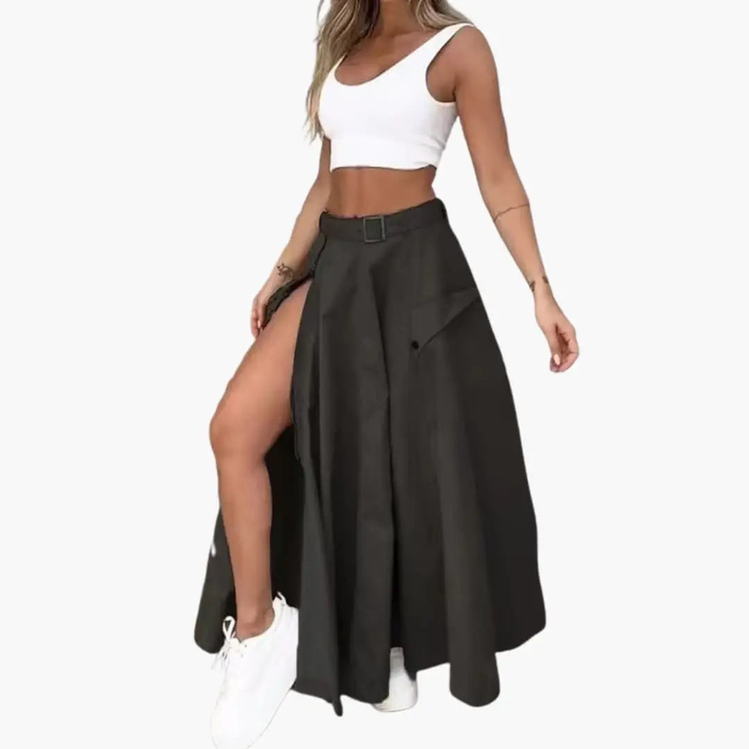 Marisia — Woven Maxi Skirt With Elegant High Slit Design And Side Pockets Black