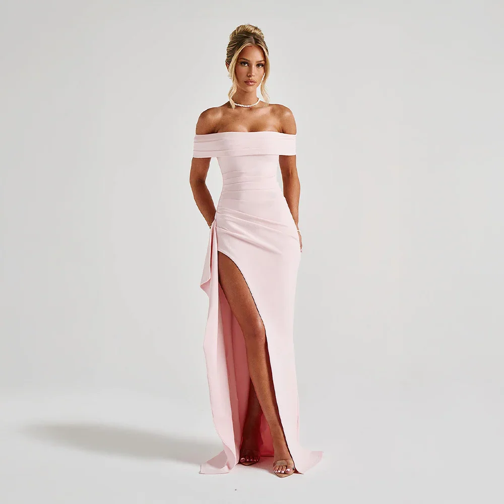 Josephine — Elegant Off-Shoulder Maxi Dress With High Side Slit Pink