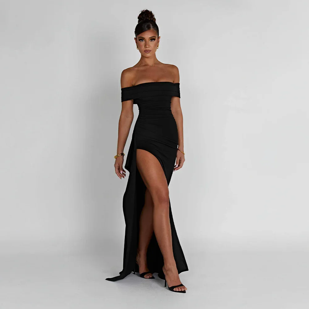 Josephine — Elegant Off-Shoulder Maxi Dress With High Side Slit Black