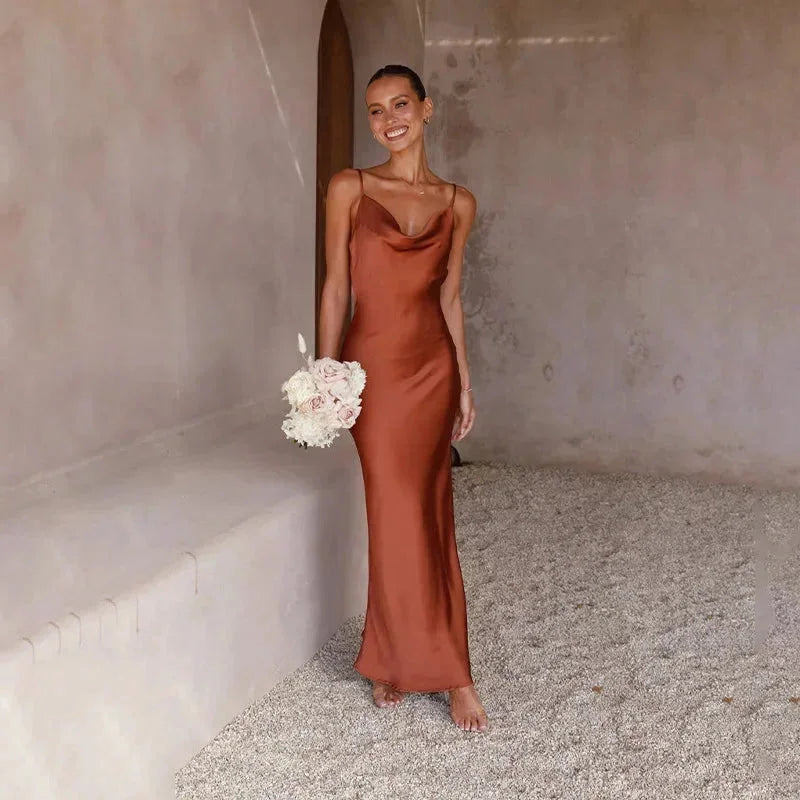 Celestina — Elegant Satin Maxi Dress With Sleeveless Draped Neck Formal Design Brown
