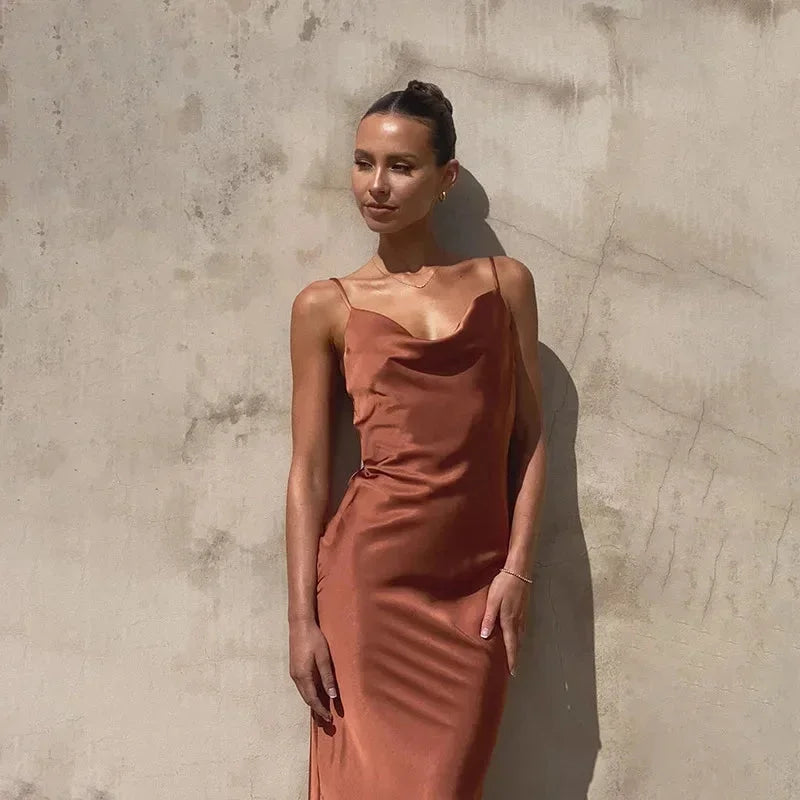 Celestina — Elegant Satin Maxi Dress With Sleeveless Draped Neck Formal Design