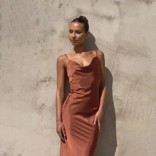 Celestina — Elegant Satin Maxi Dress With Sleeveless Draped Neck Formal Design