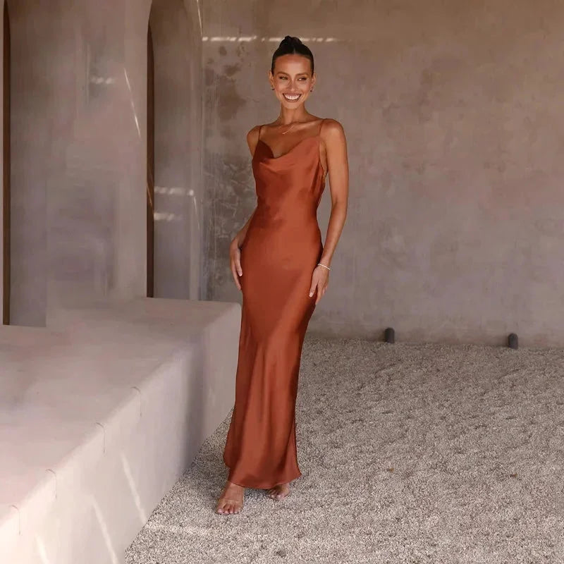 Celestina — Elegant Satin Maxi Dress With Sleeveless Draped Neck Formal Design