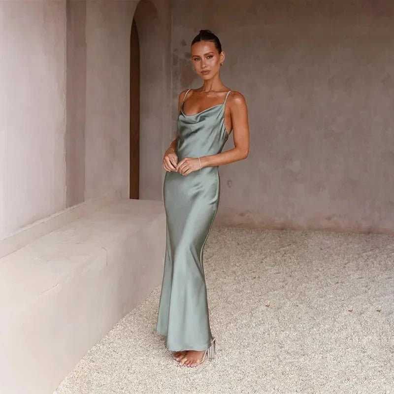 Celestina — Elegant Satin Maxi Dress With Sleeveless Draped Neck Formal Design Light Green