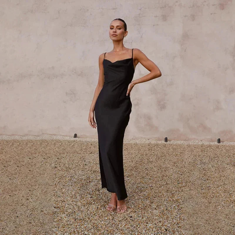 Celestina — Elegant Satin Maxi Dress With Sleeveless Draped Neck Formal Design Black