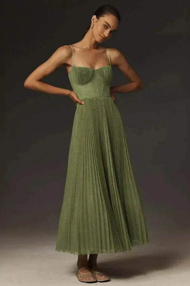Lucienne — Lightweight Pleated Midi Dress With Delicate Strap Detail Green