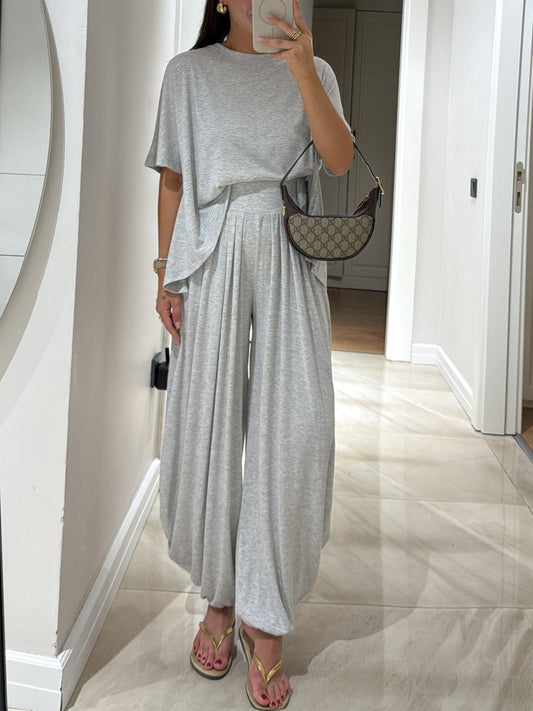 Olivia - Light Grey Casual Top and Wide-leg Pants Set