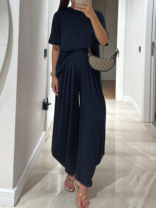 Olivia - Light Grey Casual Top and Wide-leg Pants Set