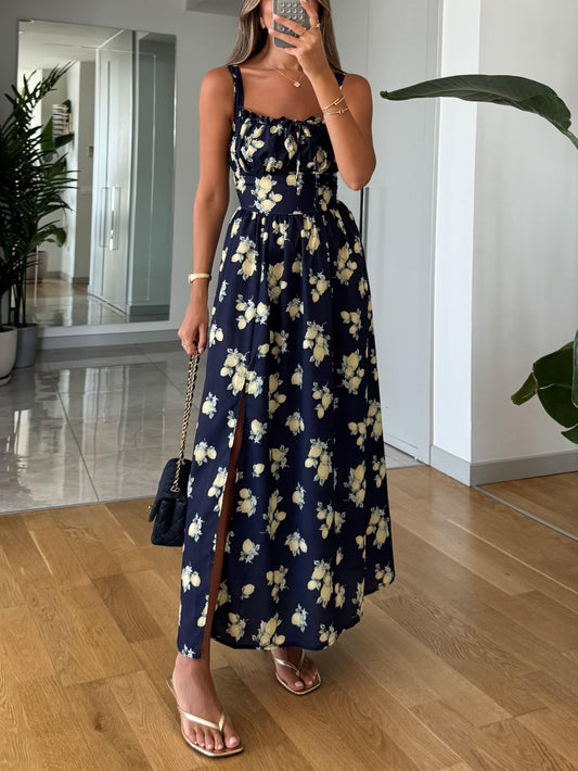 Elegant Navy Blue Printed Suspender Dress