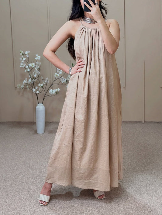Beige Adjustable Strap Floor-Length Dress
