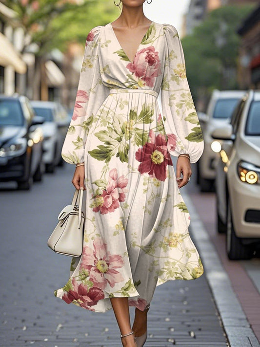 Elegant Floral V-neck Pleated Midi Dress