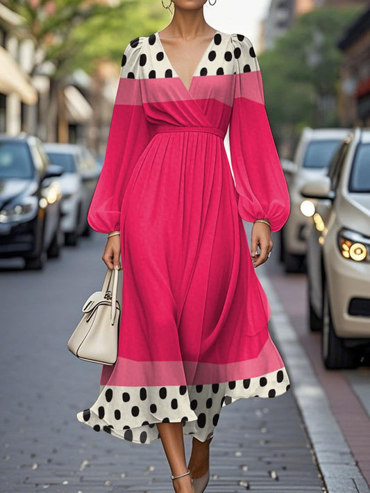 Elegant Geometric Pattern V-neck Pleated Midi Dress