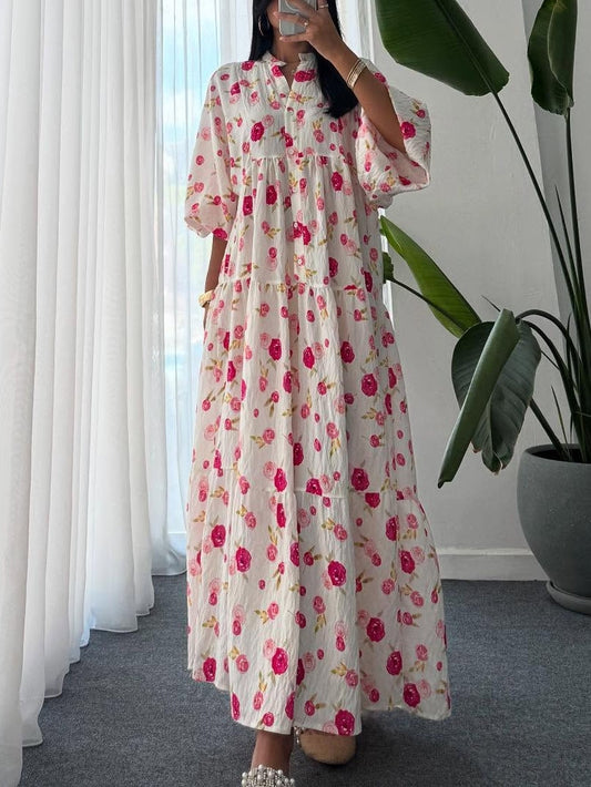 Floral Pattern V-Neck Lantern Sleeve Dress