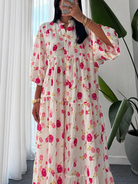 Floral Pattern V-Neck Lantern Sleeve Dress