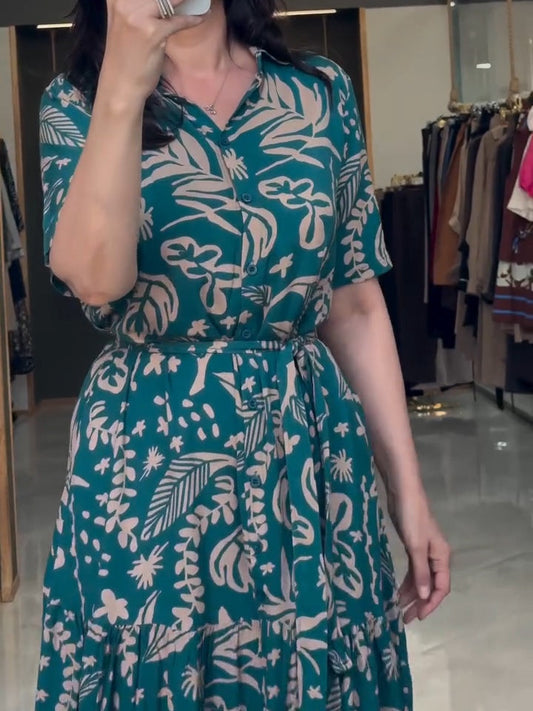 Dark Green Floral Pattern Shirt Dress