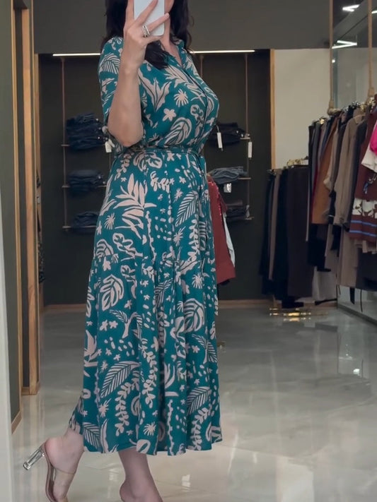 Dark Green Floral Pattern Shirt Dress