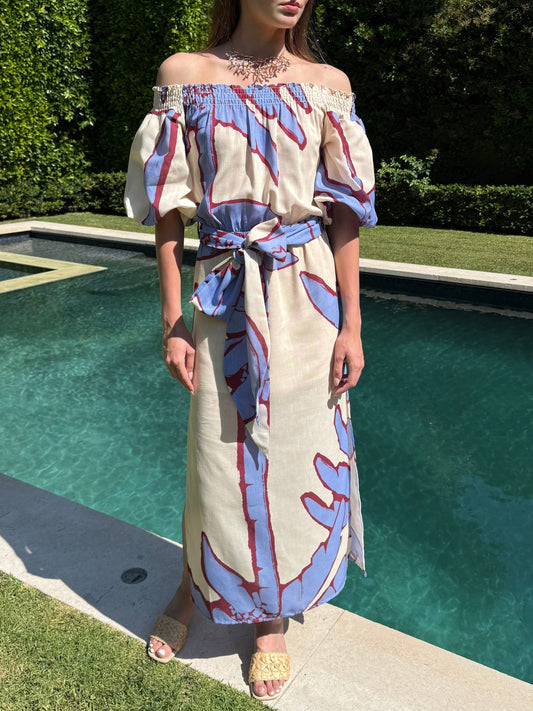 Botanical Print Off-The-Shoulder Tie-Waist Maxi Dress