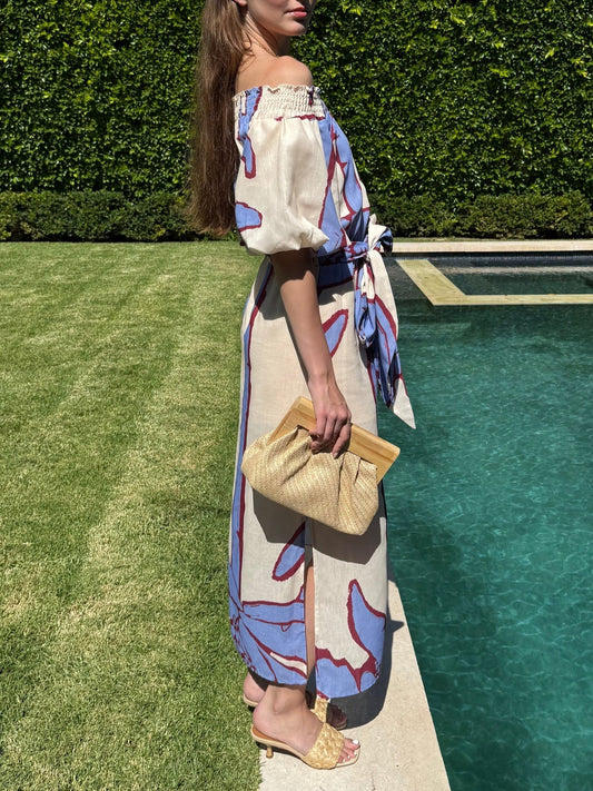 Botanical Print Off-The-Shoulder Tie-Waist Maxi Dress