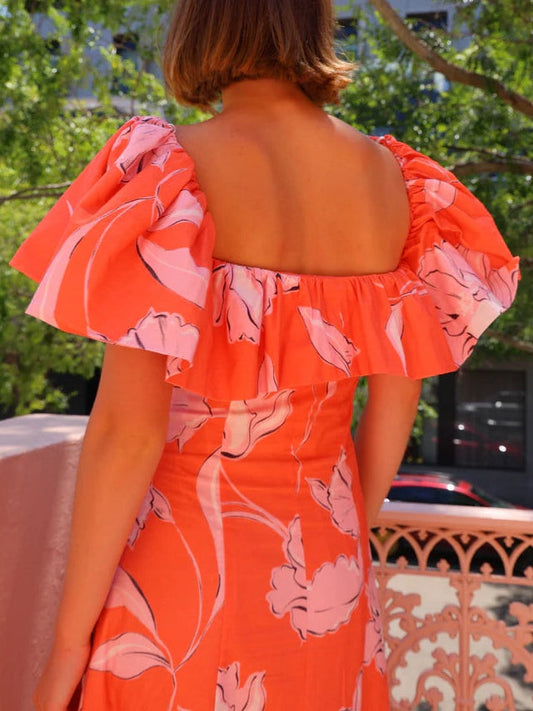 Orange Square Neck Floral Print Maxi Dress