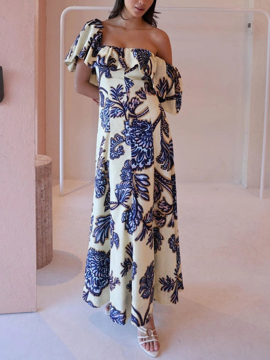 Blue Off-the-shoulder Paisley Print Maxi Dress