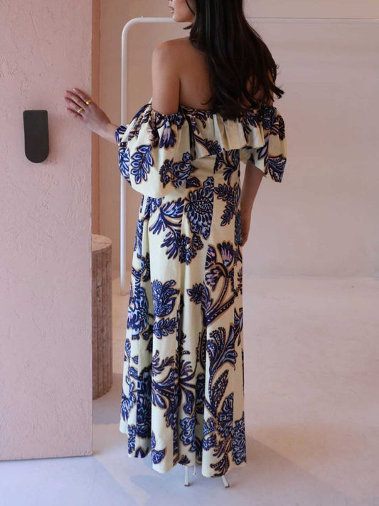 Blue Off-the-shoulder Paisley Print Maxi Dress