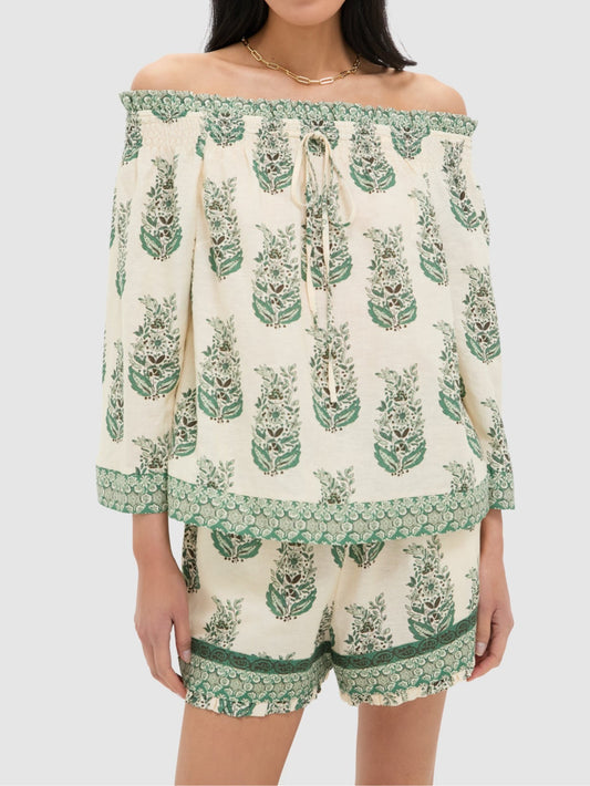 Botanical Print Off-the-shoulder Top and Shorts Set