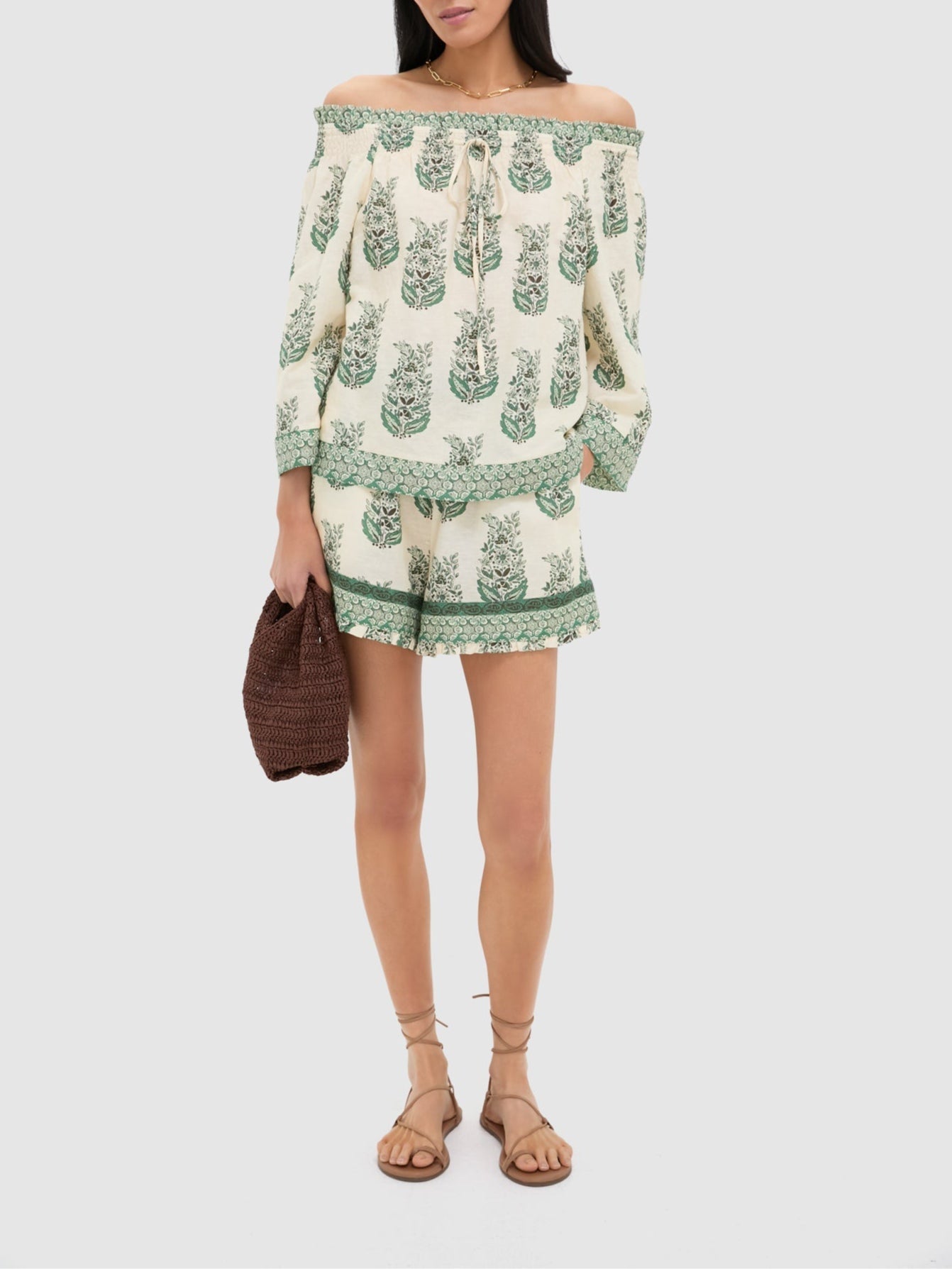 Botanical Print Off-the-shoulder Top and Shorts Set