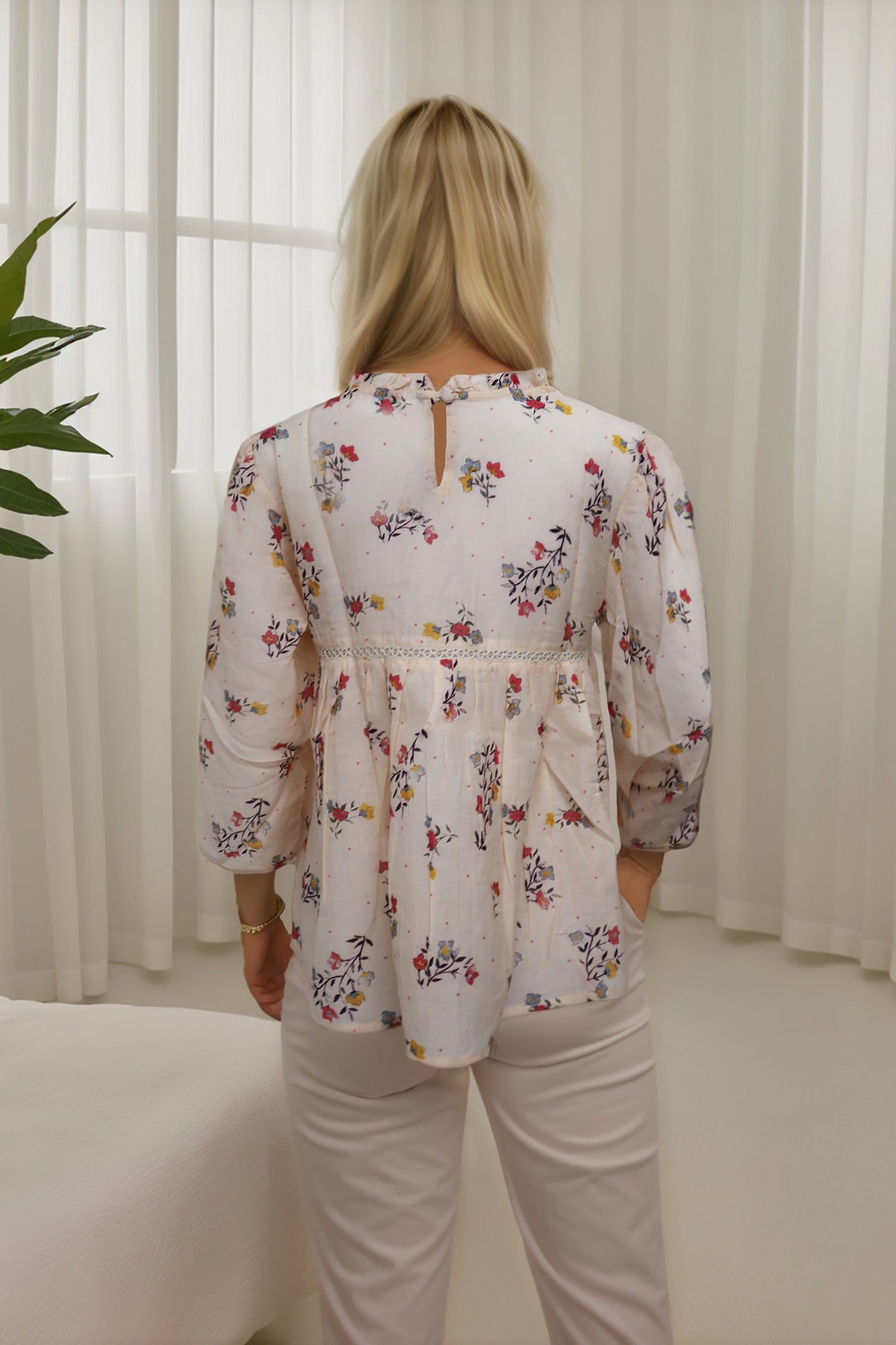 Ladies Sweet Peach Floral Long Sleeve Sheer Gauze 3/4 Sleeve