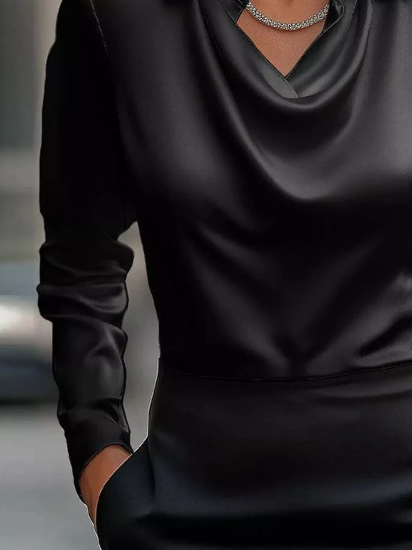 Shiny Satin Cowl Neck Long Sleeve Blouse - Inclusive Sizing