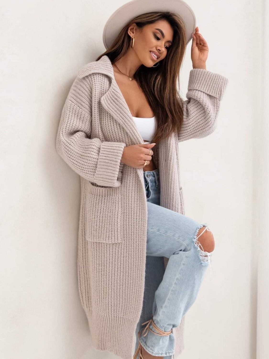 Pocketed Collared Neck Dropped Shoulder Cardigan Dust Storm One Size