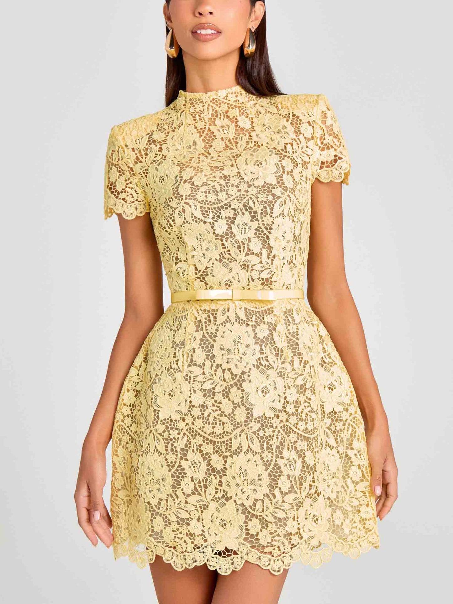 Elegant Short Sleeve Floral Lace Mini Dress Yellow