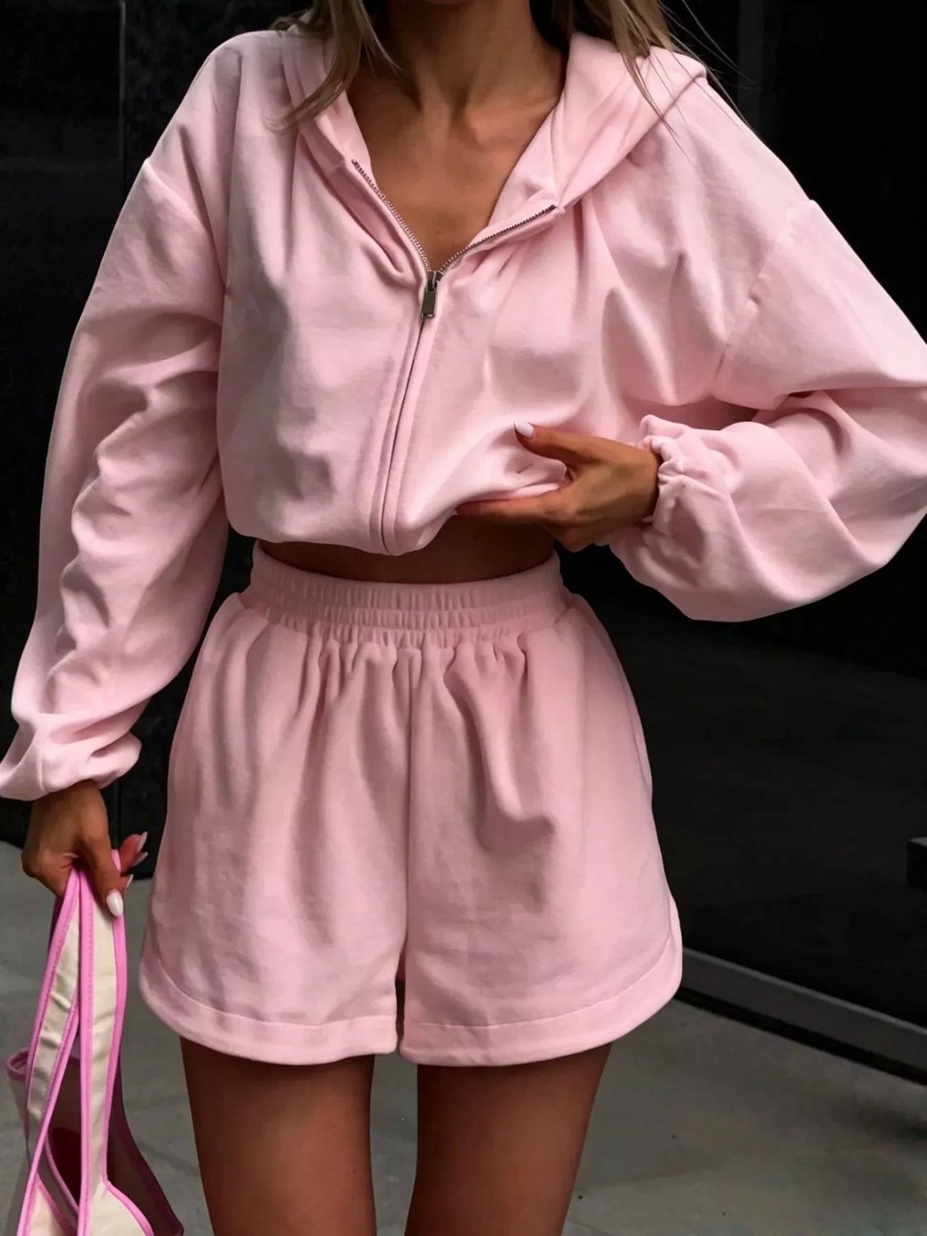 Long Sleeve Zip-Up Hoodie and Shorts Set