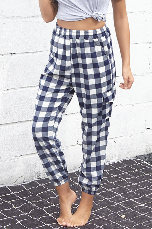 Fashionable Cargo Pants Plaid Elastic High Waist