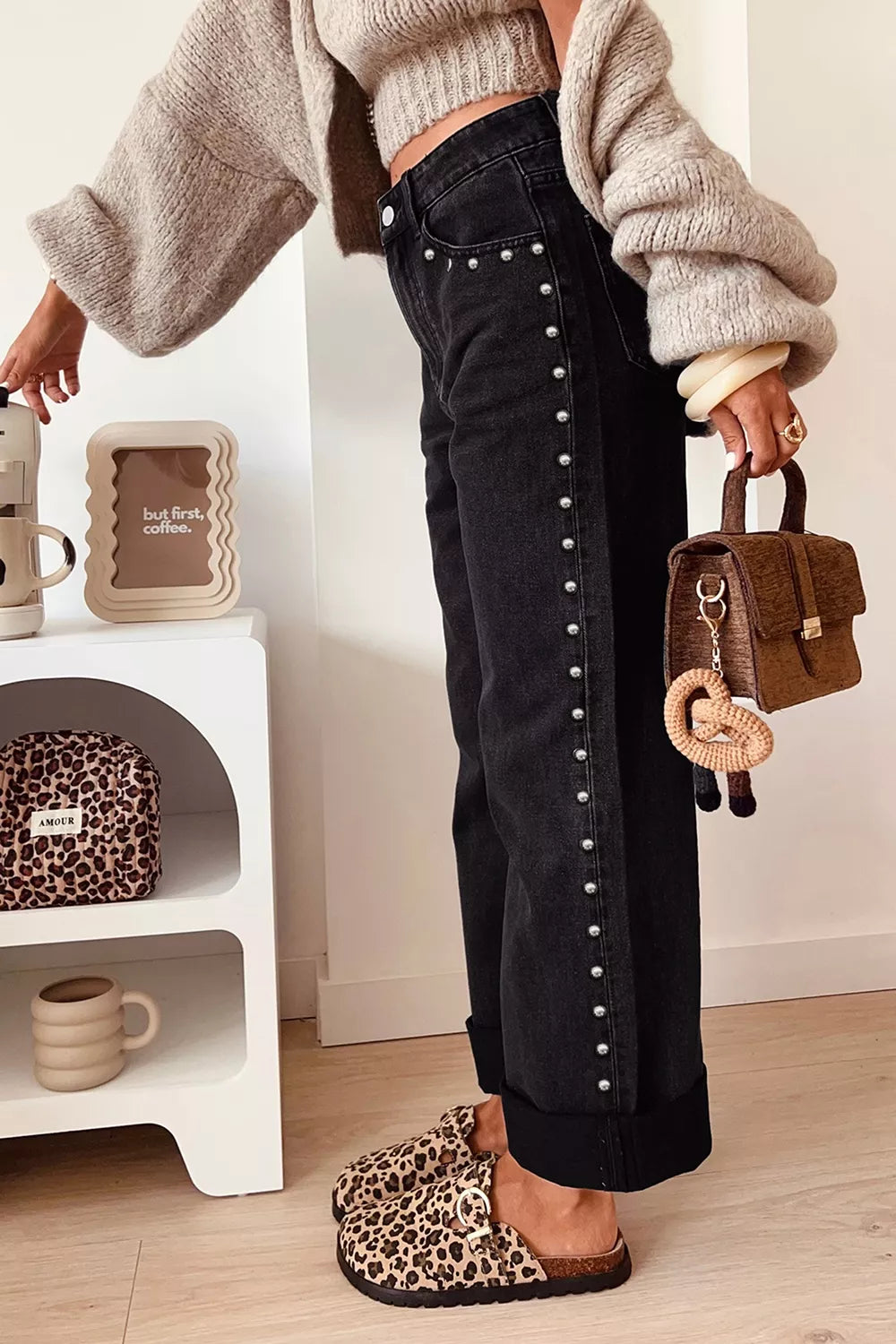 Studded Detail Straight Leg Casual Loose Jeans