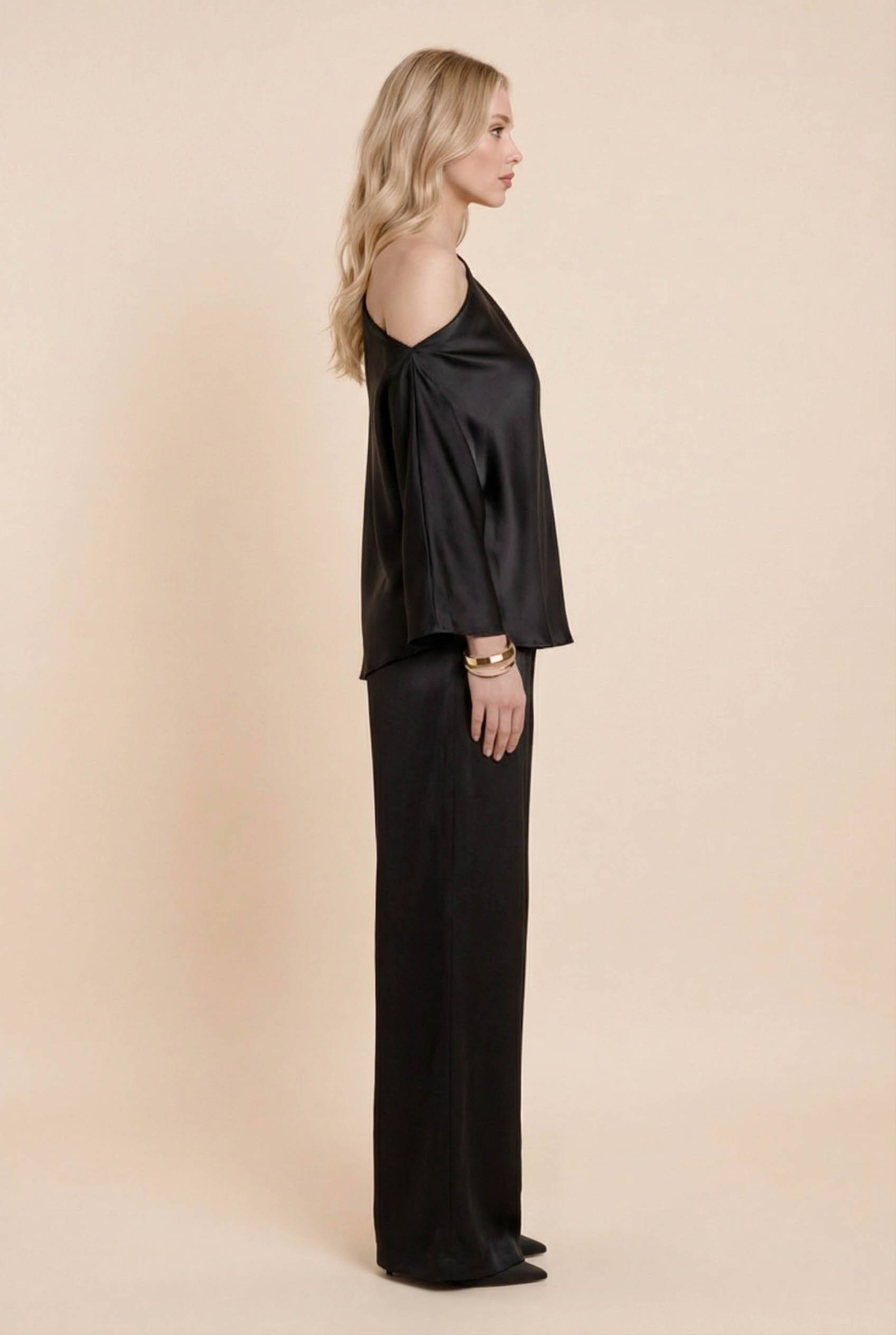 Off-Shoulder Asymmetric Shirt And Wide Leg Pants Set