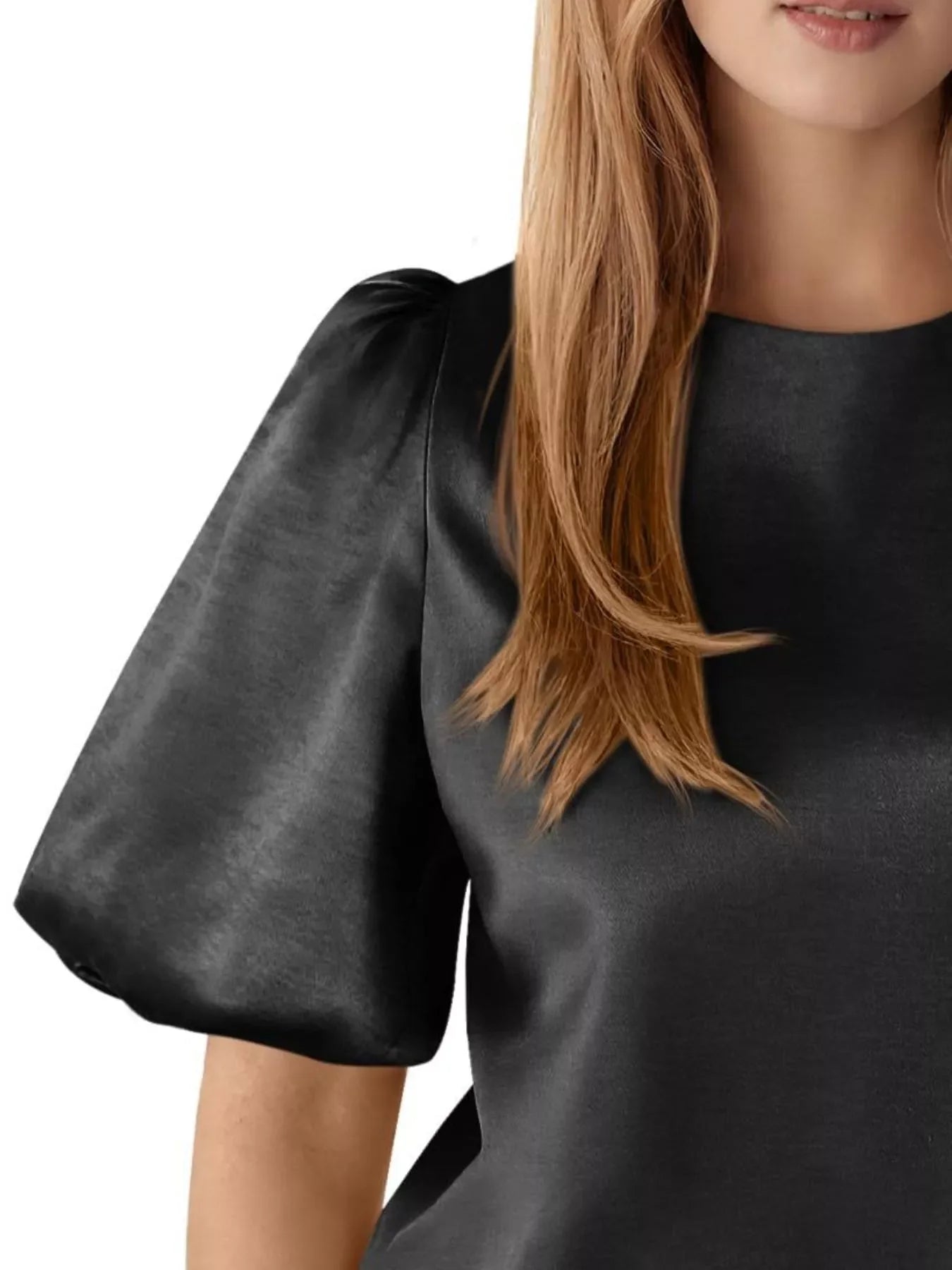 Round Neck Puff Sleeve Satin Top