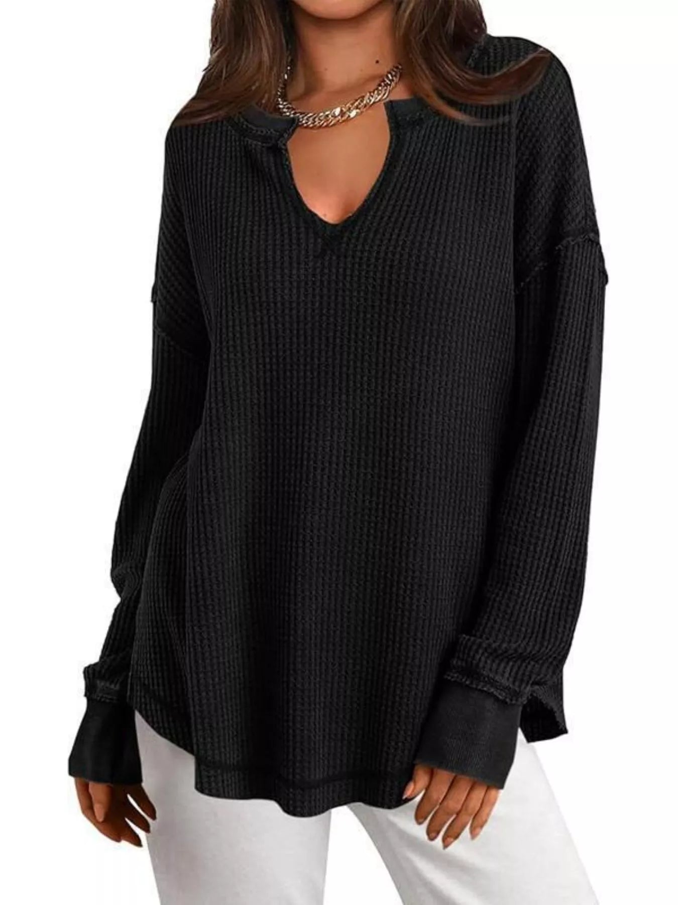 Slit Notched Long Sleeve T-Shirt