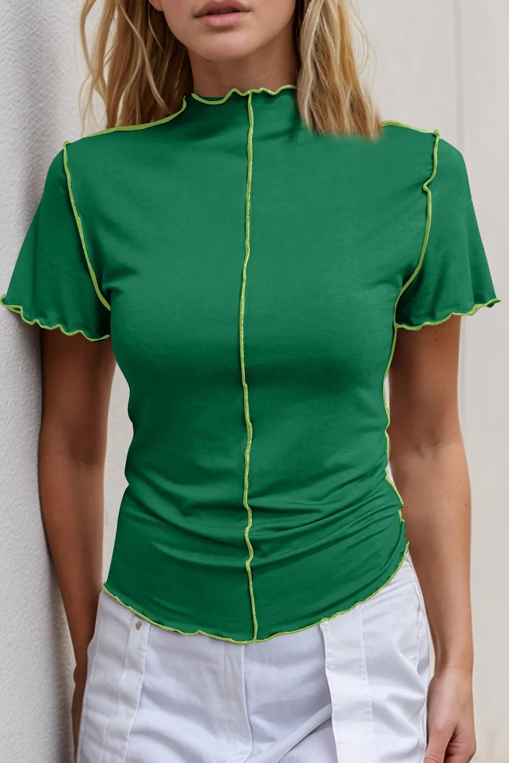 Basic Bae Mock Neck Wave Edge Contrast Stitching Ruffle Short Sleeve Tee Dark Green