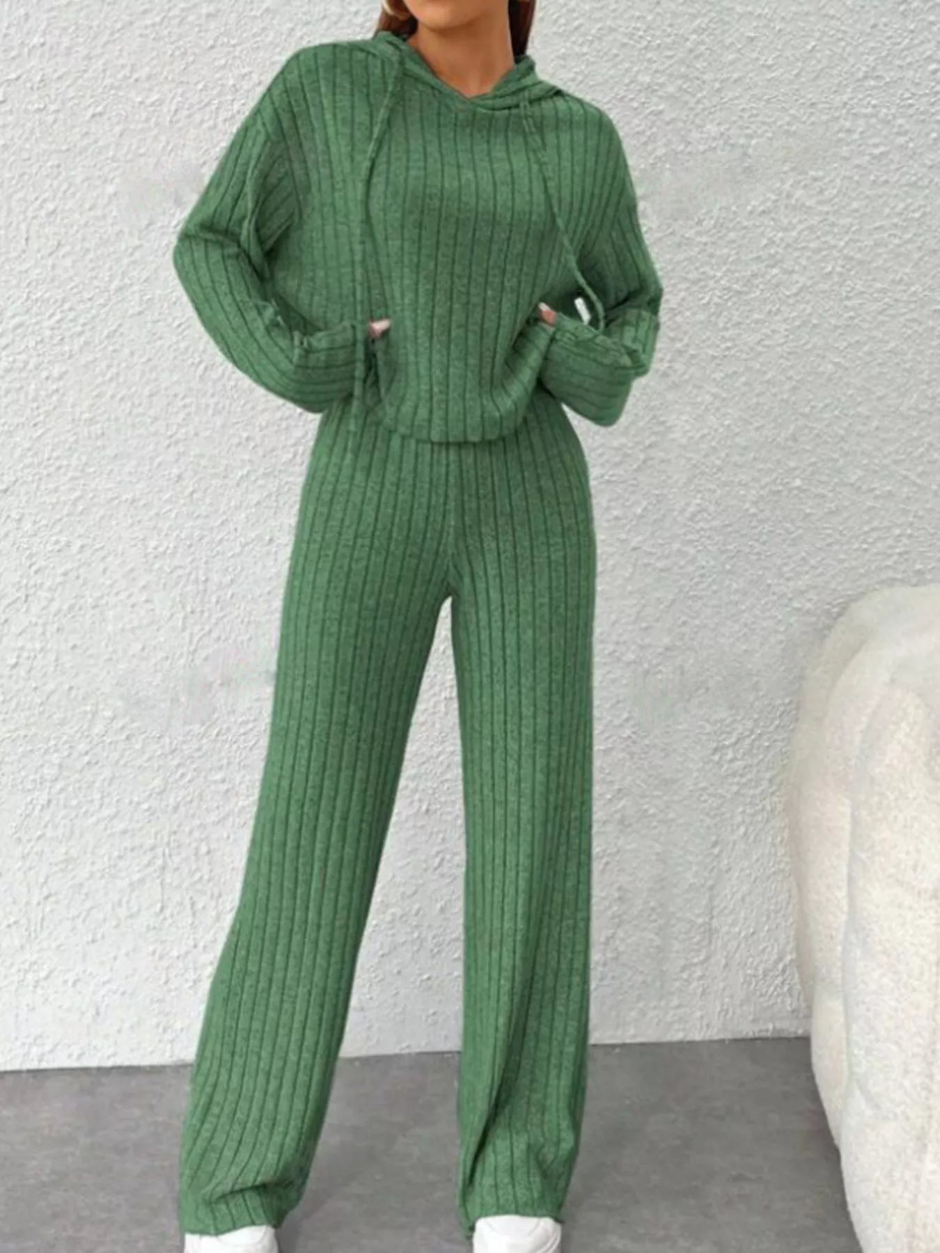 Ribbed Knit Hoodie & Wide Leg Pants Set